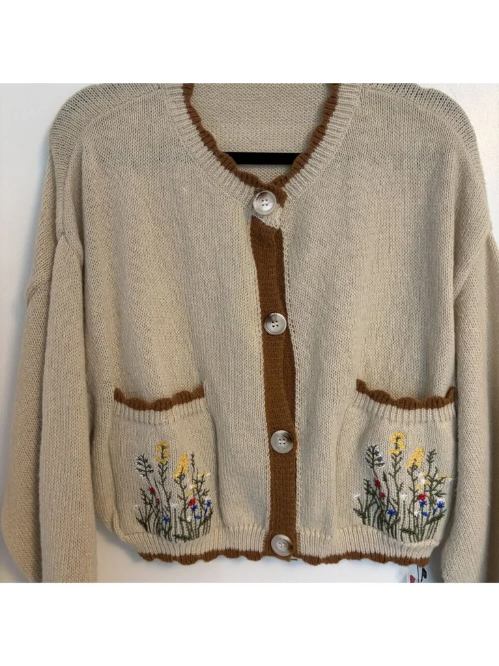 Cottagecore Beige Knit Cardigan 1XL Floral Embroidery Pockets Button Spring NEW - Picture 10 of 16